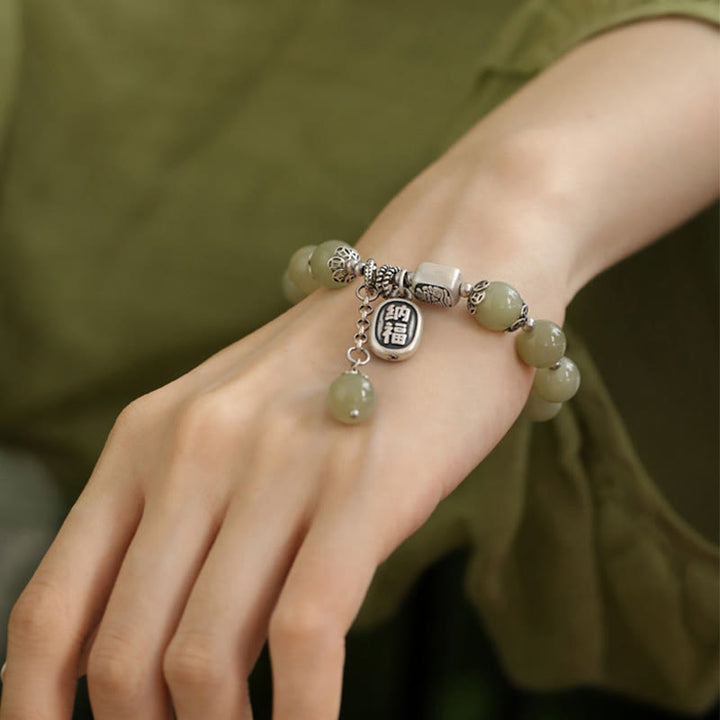 Buddha Stones925スターリングシルバー和田翡翠ビーズ幸運ブレスレット