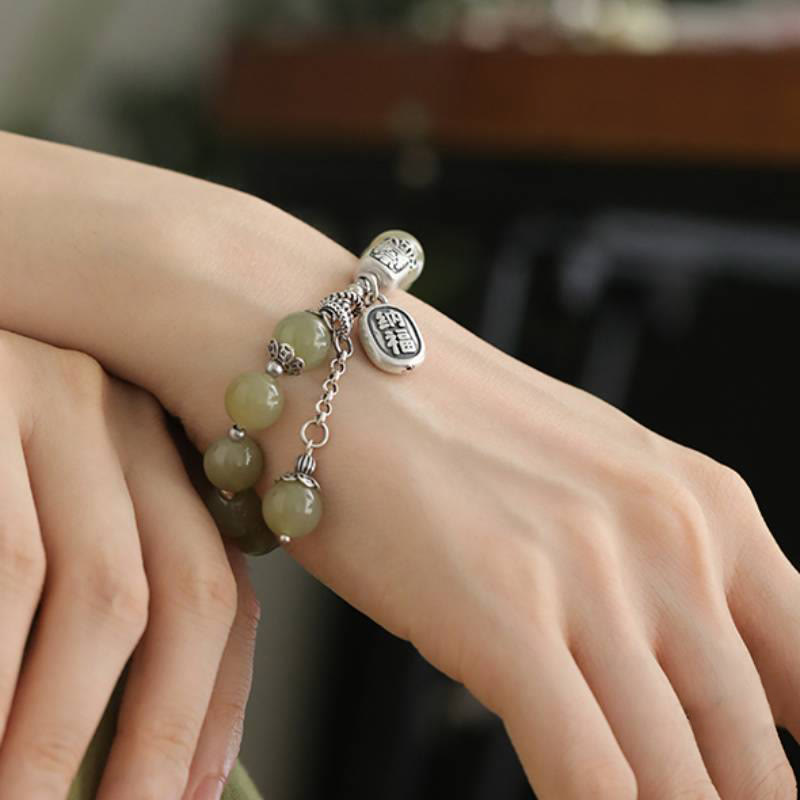 Buddha Stones925スターリングシルバー和田翡翠ビーズ幸運ブレスレット