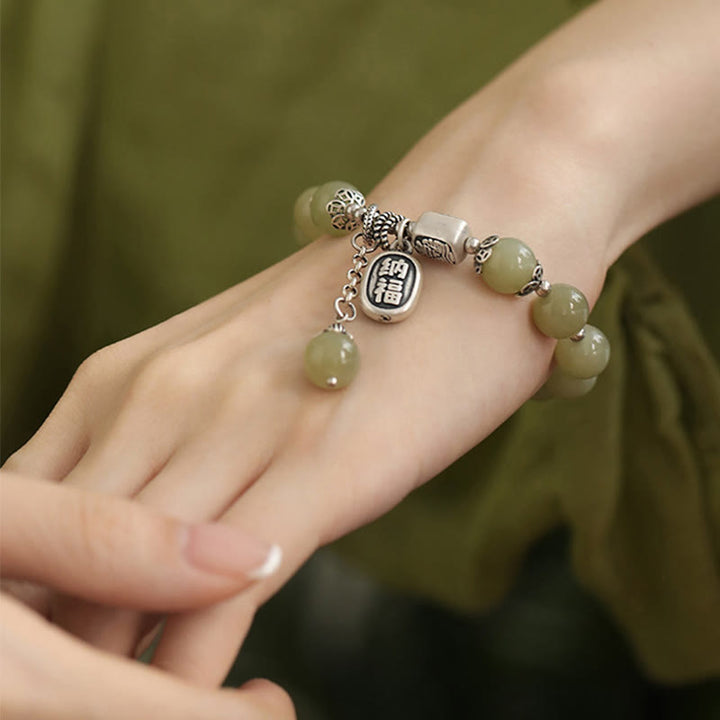 Buddha Stones925スターリングシルバー和田翡翠ビーズ幸運ブレスレット