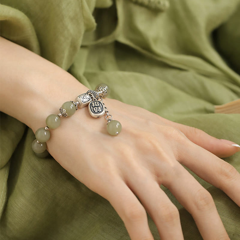 Buddha Stones925スターリングシルバー和田翡翠ビーズ幸運ブレスレット