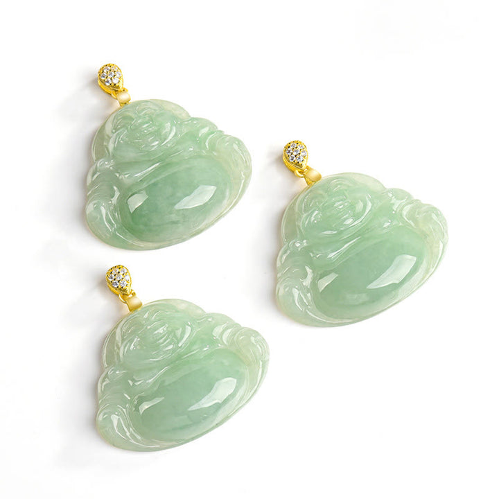 Buddha Stones925スターリングシルバー 天然翡翠 笑う仏陀 幸運 繁栄 チェーンネックレス ペンダント