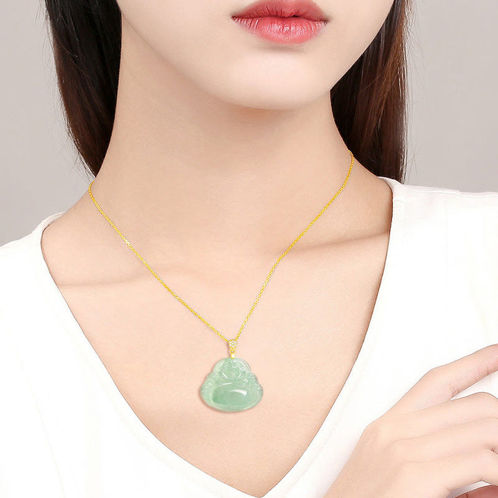 Buddha Stones925スターリングシルバー 天然翡翠 笑う仏陀 幸運 繁栄 チェーンネックレス ペンダント