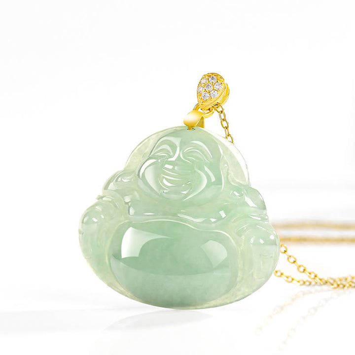 Buddha Stones925スターリングシルバー 天然翡翠 笑う仏陀 幸運 繁栄 チェーンネックレス ペンダント