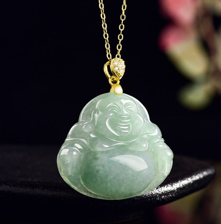 Buddha Stones925スターリングシルバー 天然翡翠 笑う仏陀 幸運 繁栄 チェーンネックレス ペンダント