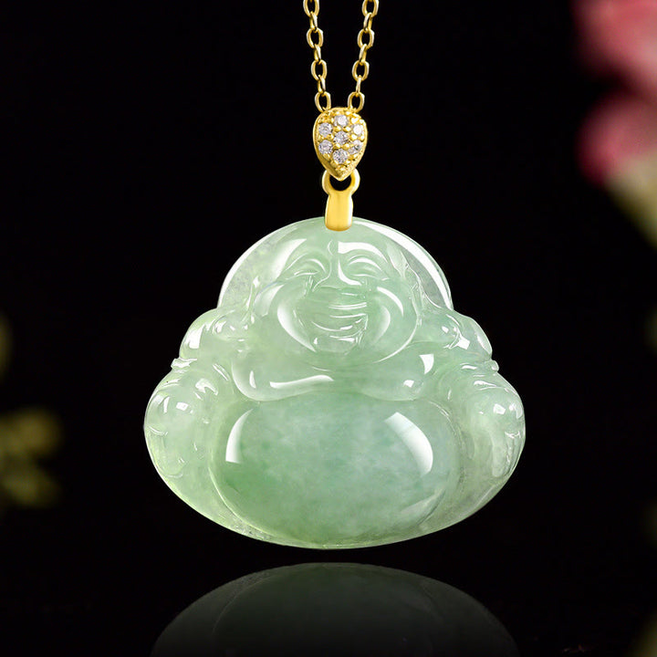 Buddha Stones925スターリングシルバー 天然翡翠 笑う仏陀 幸運 繁栄 チェーンネックレス ペンダント