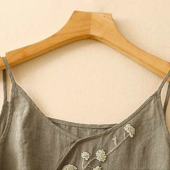 Buddha Stonesエスニック刺繍アシンメトリーデザインレディースコットンリネンノースリーブベスト - image 2