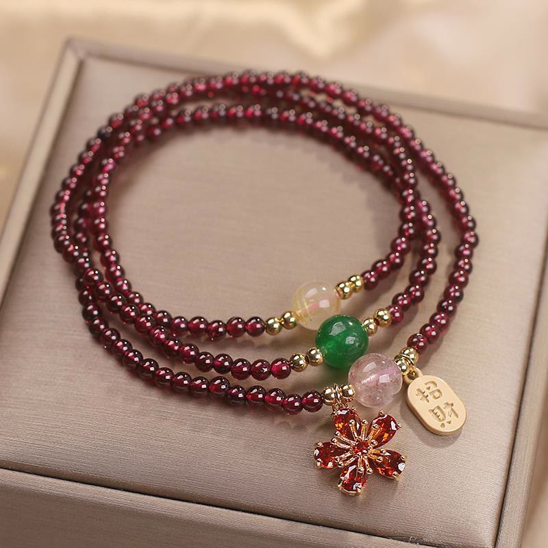 天然  ガーネットビーズ 桜の花 多層パワーストーン ブレスレット 恋愛運 幸運 開運 魔除け | Buddha Stones