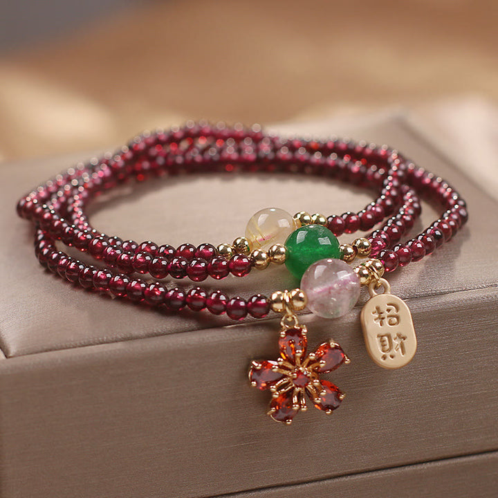 天然  ガーネットビーズ 桜の花 多層パワーストーン ブレスレット 恋愛運 幸運 開運 魔除け | Buddha Stones