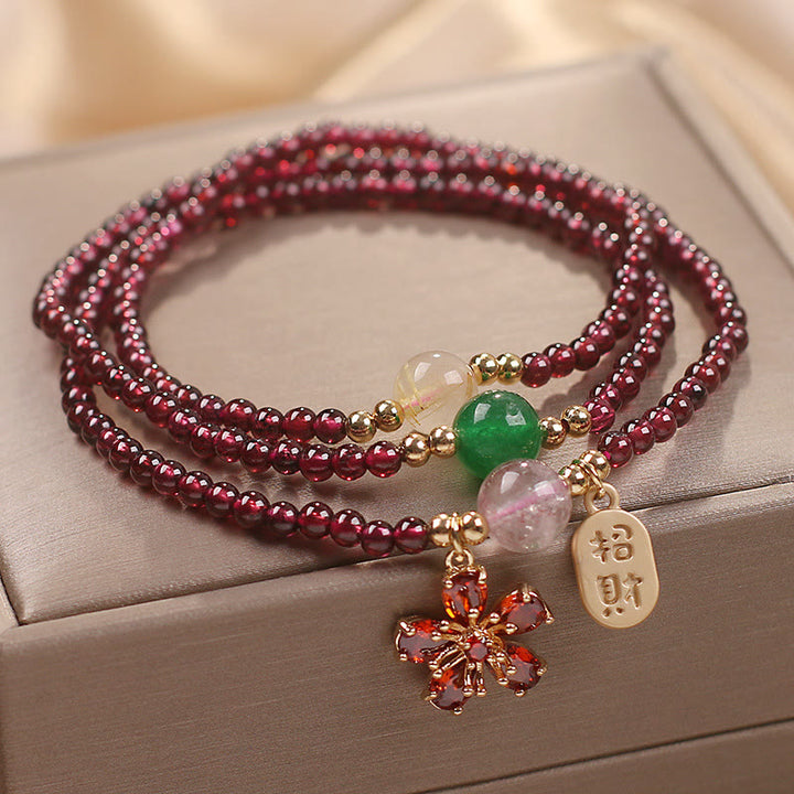 天然  ガーネットビーズ 桜の花 多層パワーストーン ブレスレット 恋愛運 幸運 開運 魔除け | Buddha Stones