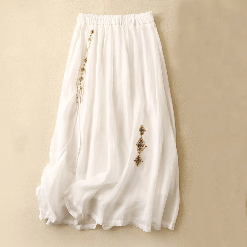 Buddha Stonesエスニックヴィンテージ刺繍ボタンデザインレディースコットンリネン7-8丈スカート - 白 - US8-10，UK/AU12-14，EU40-42 (2XL) - image 5