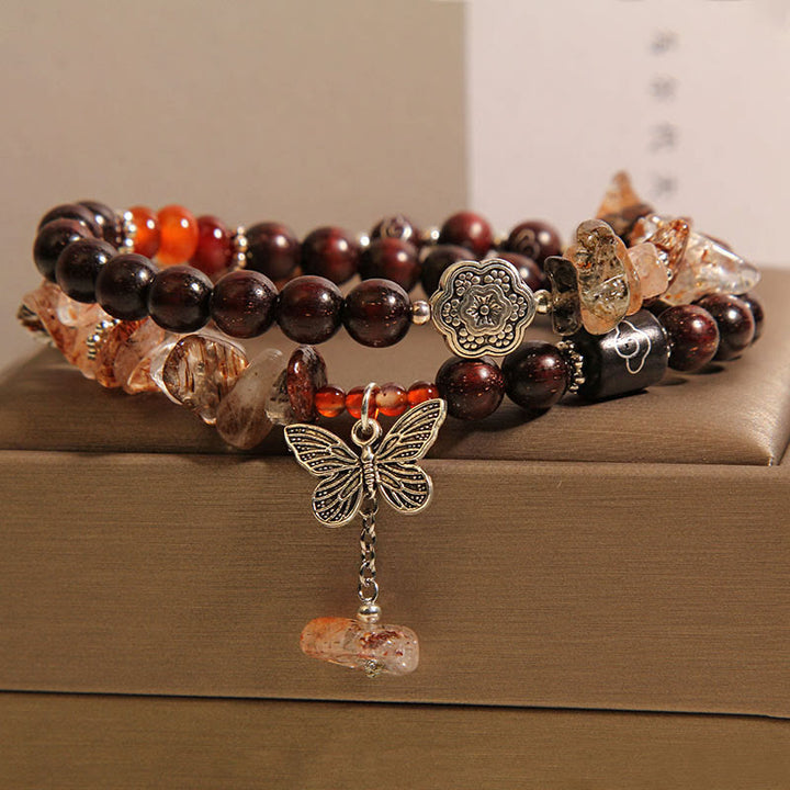 Buddha Stones天然ルチルクォーツ 小葉レッドサンダルウッド 富の蝶チャームブレスレット