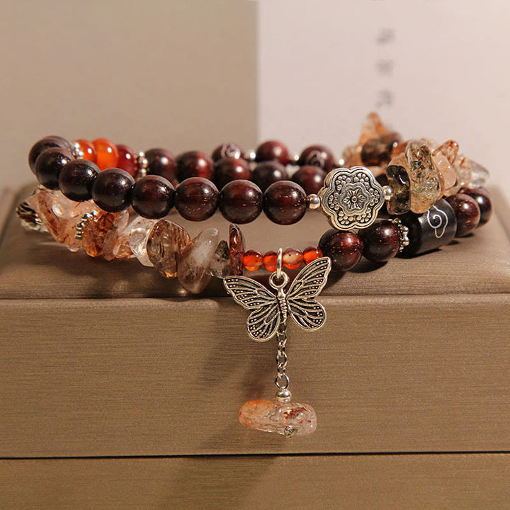 Buddha Stones天然ルチルクォーツ 小葉レッドサンダルウッド 富の蝶チャームブレスレット