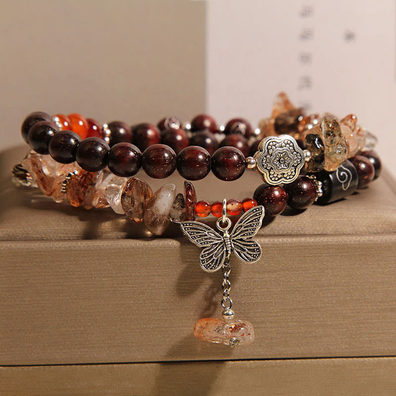 Buddha Stones天然ルチルクォーツ 小葉レッドサンダルウッド 富の蝶チャームブレスレット