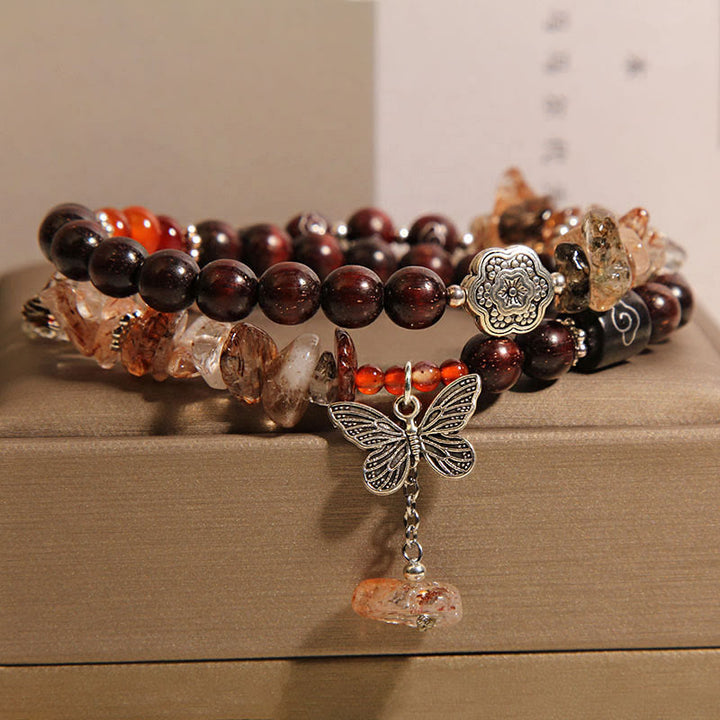 Buddha Stones天然ルチルクォーツ 小葉レッドサンダルウッド 富の蝶チャームブレスレット