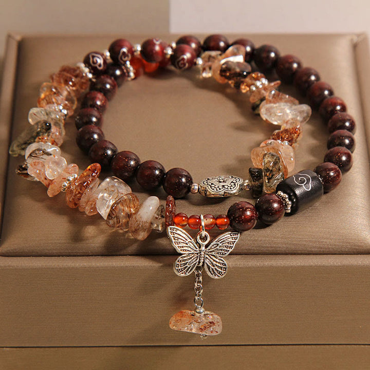 Buddha Stones天然ルチルクォーツ 小葉レッドサンダルウッド 富の蝶チャームブレスレット