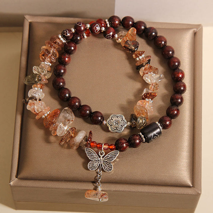 Buddha Stones天然ルチルクォーツ 小葉レッドサンダルウッド 富の蝶チャームブレスレット