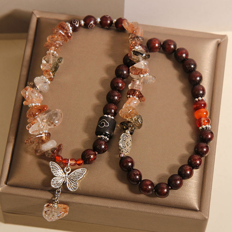 Buddha Stones天然ルチルクォーツ 小葉レッドサンダルウッド 富の蝶チャームブレスレット