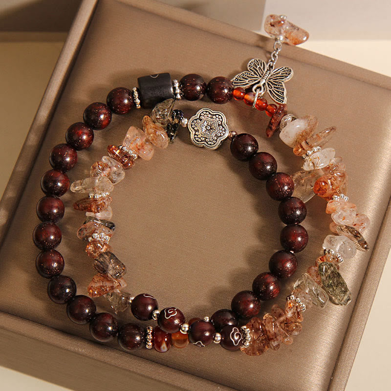 Buddha Stones天然ルチルクォーツ 小葉レッドサンダルウッド 富の蝶チャームブレスレット