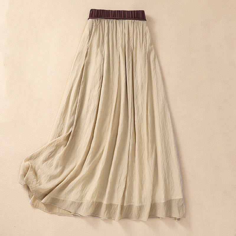 Buddha Stonesカジュアル コントラストカラー プリーツ レースアップデザイン レディース コットンリネン 7-8丈スカート - image 1