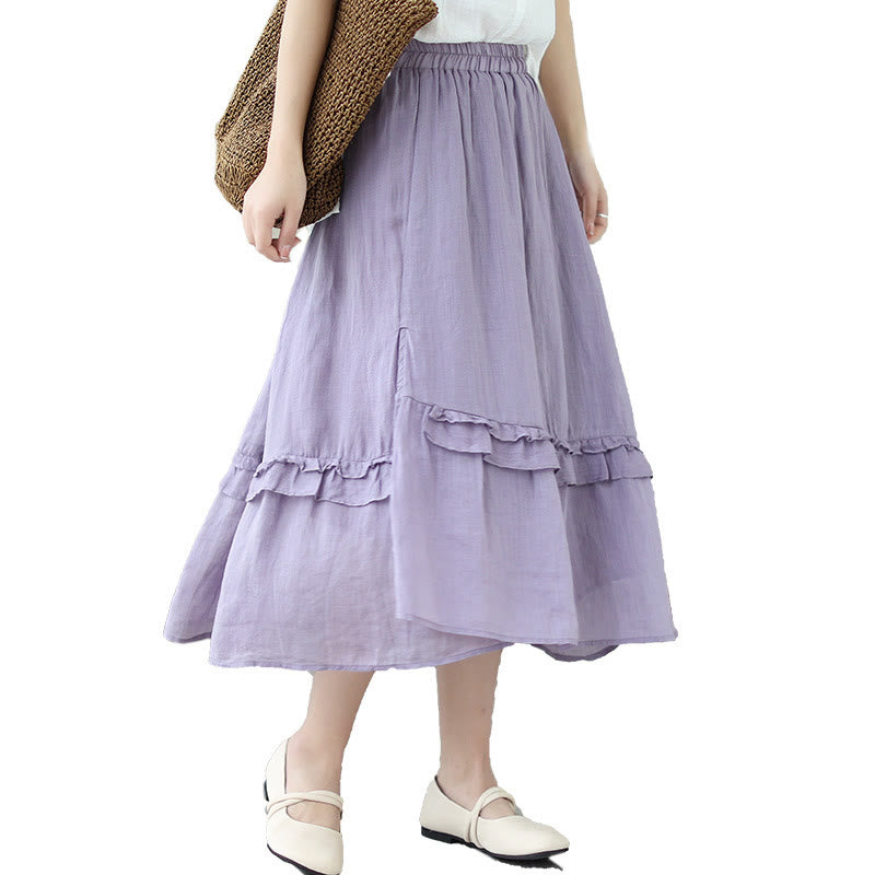 Buddha Stonesヴィンテージアーティスティックピュアカラーフリルデザイン不規則なレディースコットンリネンスカート - image 22