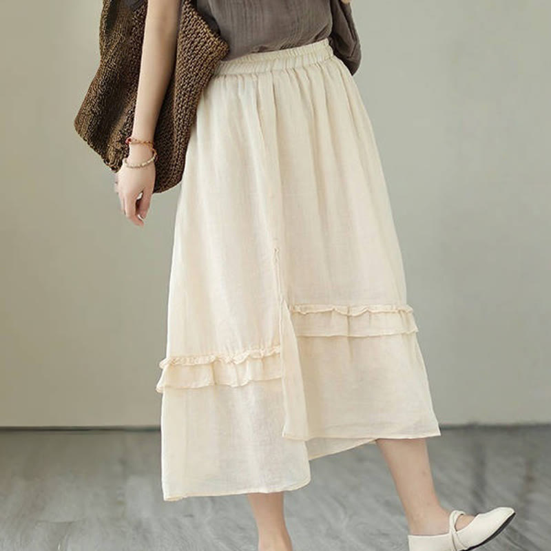 Buddha Stonesヴィンテージアーティスティックピュアカラーフリルデザイン不規則なレディースコットンリネンスカート - image 4