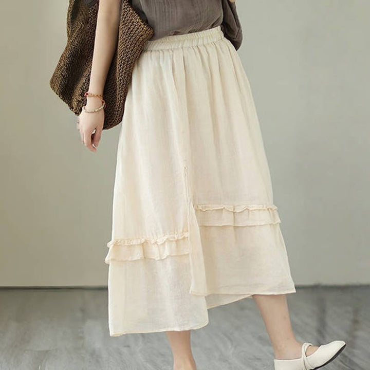 Buddha Stonesヴィンテージアーティスティックピュアカラーフリルデザイン不規則なレディースコットンリネンスカート - image 4