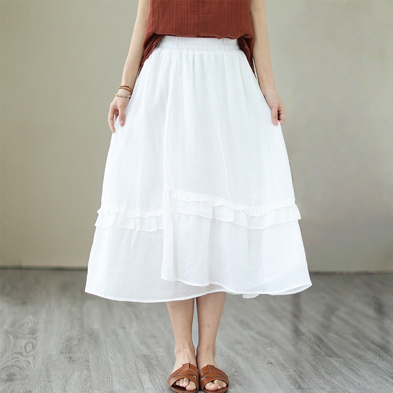 Buddha Stonesヴィンテージアーティスティックピュアカラーフリルデザイン不規則なレディースコットンリネンスカート - 白 - US8-10，UK/AU12-14，EU40-42 (2XL) - image 23