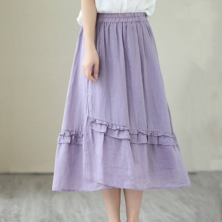 Buddha Stonesヴィンテージアーティスティックピュアカラーフリルデザイン不規則なレディースコットンリネンスカート - image 12