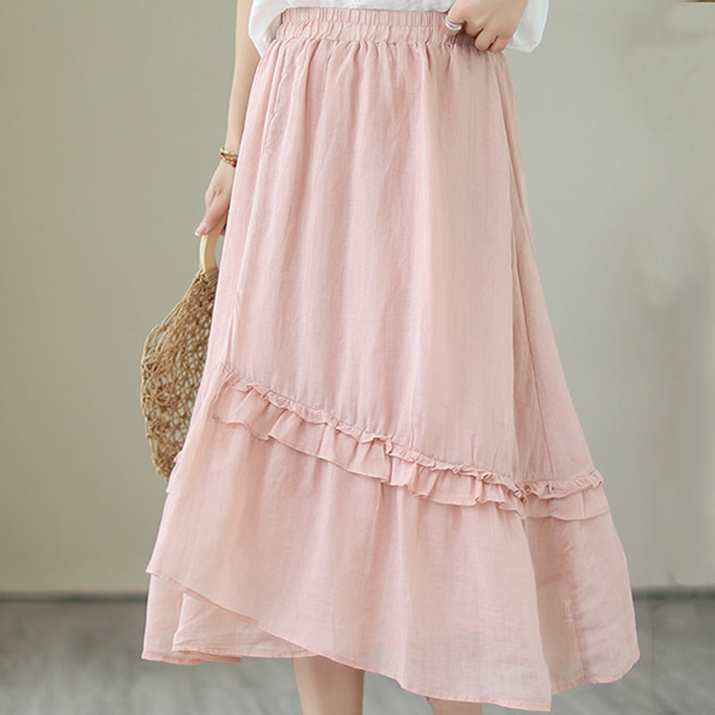 Buddha Stonesヴィンテージアーティスティックピュアカラーフリルデザイン不規則なレディースコットンリネンスカート - image 9