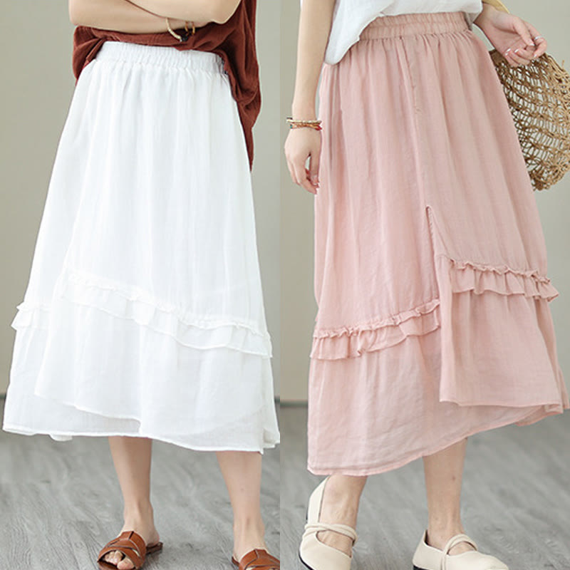 Buddha Stonesヴィンテージアーティスティックピュアカラーフリルデザイン不規則なレディースコットンリネンスカート - image 28