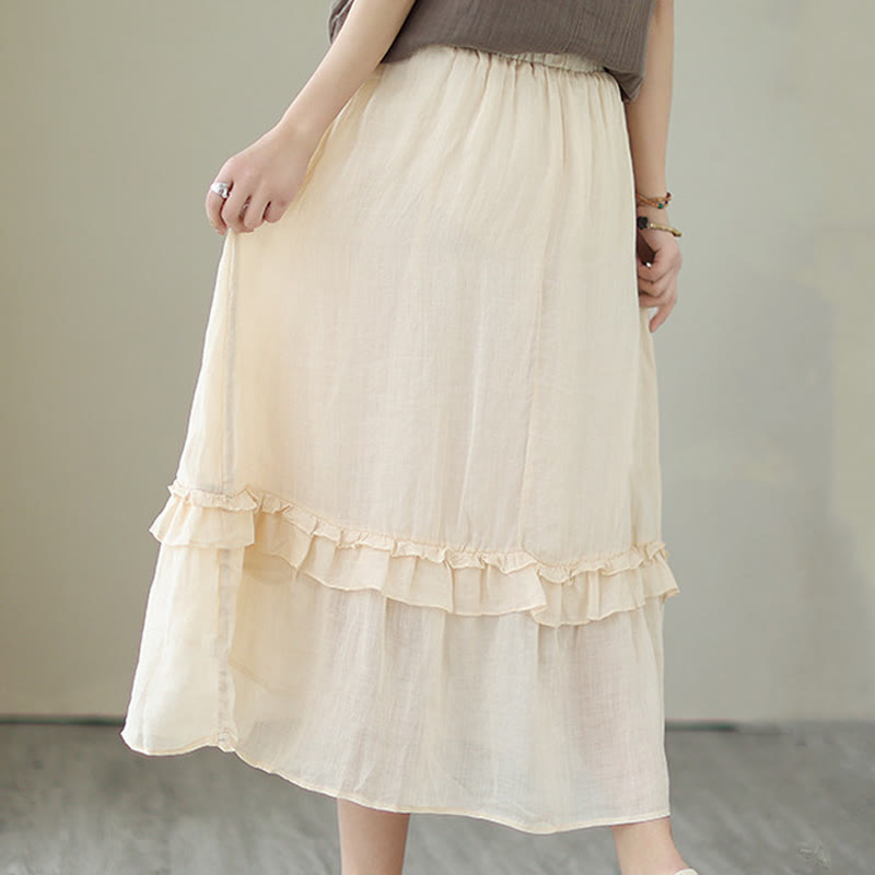 Buddha Stonesヴィンテージアーティスティックピュアカラーフリルデザイン不規則なレディースコットンリネンスカート - image 3