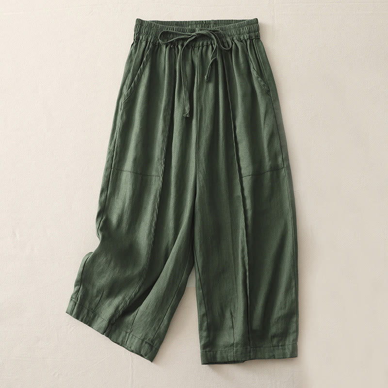 Buddha Stonesカジュアル 無地 パッチワーク レディース ポリエステル 7-8丈 ワイドレッグパンツ ポケット付き
