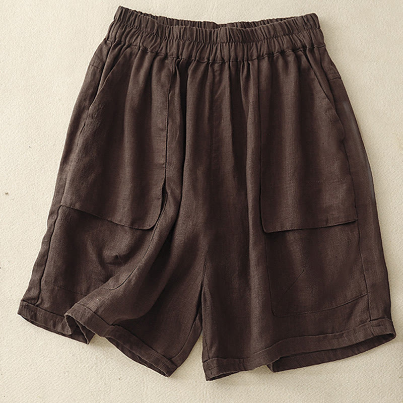 Buddha Stones夏 カジュアル 無地 コットン リネン レディース エラスティック ストレート ショーツ ポケット付き - サドルブラウン - US12、 UK/AU16、 EU44 (2XL) - image 6