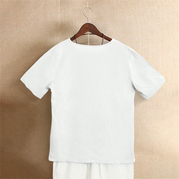 Buddha Stones カジュアル サマー ピュアカラー ジャカード ボタン クルーネック コットン レディース 半袖 Tシャツ - image 1