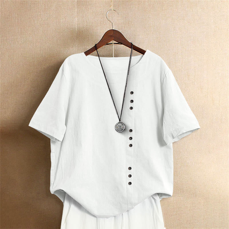 Buddha Stones カジュアル サマー ピュアカラー ジャカード ボタン クルーネック コットン レディース 半袖 Tシャツ - 白 - US18、 UK/AU22、 EU50 (5XL) - image 0