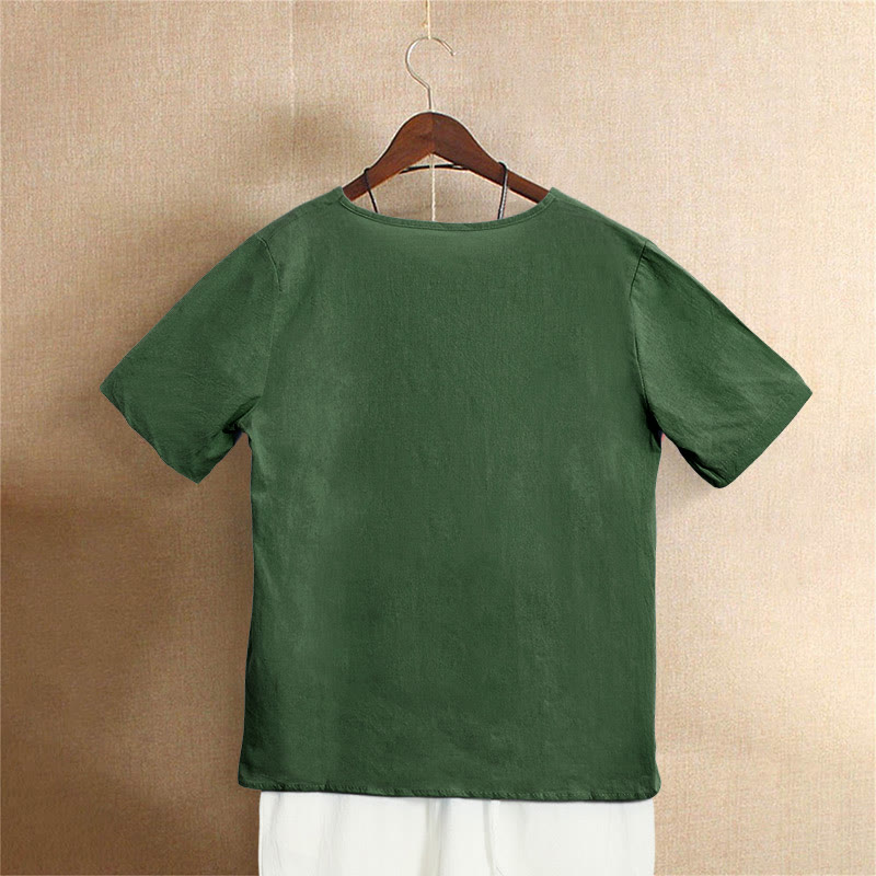 Buddha Stones カジュアル サマー ピュアカラー ジャカード ボタン クルーネック コットン レディース 半袖 Tシャツ - image 6
