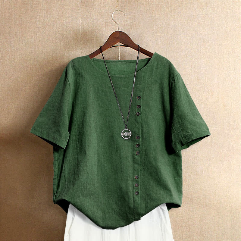 Buddha Stones カジュアル サマー ピュアカラー ジャカード ボタン クルーネック コットン レディース 半袖 Tシャツ - 緑 - US18、 UK/AU22、 EU50 (5XL) - image 5