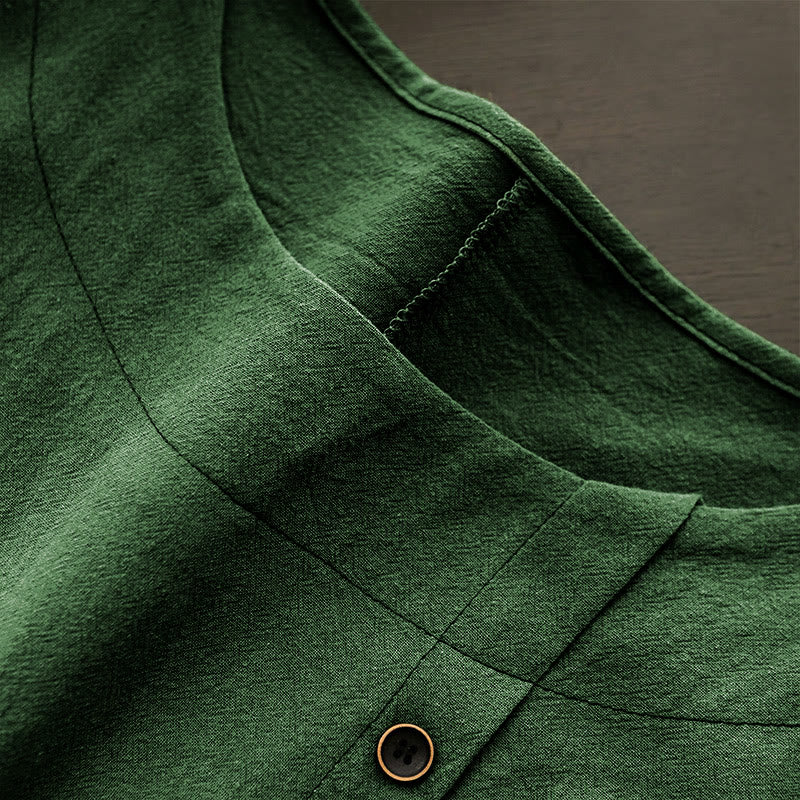 Buddha Stones カジュアル サマー ピュアカラー ジャカード ボタン クルーネック コットン レディース 半袖 Tシャツ - image 7