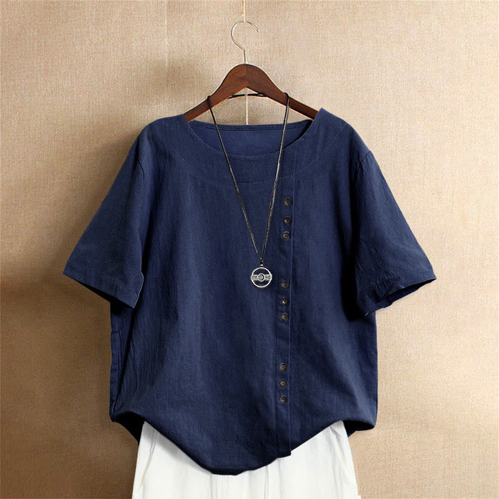 Buddha Stones カジュアル サマー ピュアカラー ジャカード ボタン クルーネック コットン レディース 半袖 Tシャツ - 海軍 - US18、 UK/AU22、 EU50 (5XL) - image 10