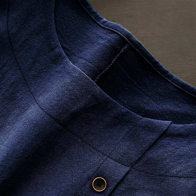 Buddha Stones カジュアル サマー ピュアカラー ジャカード ボタン クルーネック コットン レディース 半袖 Tシャツ - image 12