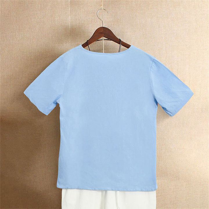 Buddha Stones カジュアル サマー ピュアカラー ジャカード ボタン クルーネック コットン レディース 半袖 Tシャツ - image 16