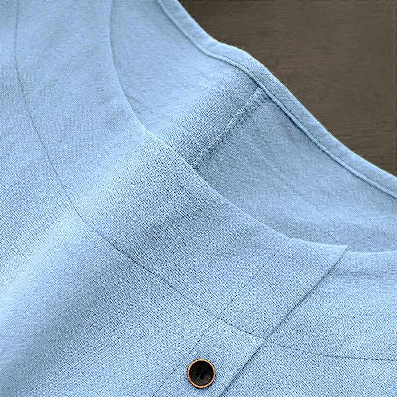 Buddha Stones カジュアル サマー ピュアカラー ジャカード ボタン クルーネック コットン レディース 半袖 Tシャツ - image 17