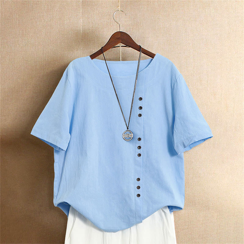 Buddha Stones カジュアル サマー ピュアカラー ジャカード ボタン クルーネック コットン レディース 半袖 Tシャツ - ライトスカイブルー - US18、 UK/AU22、 EU50 (5XL) - image 15