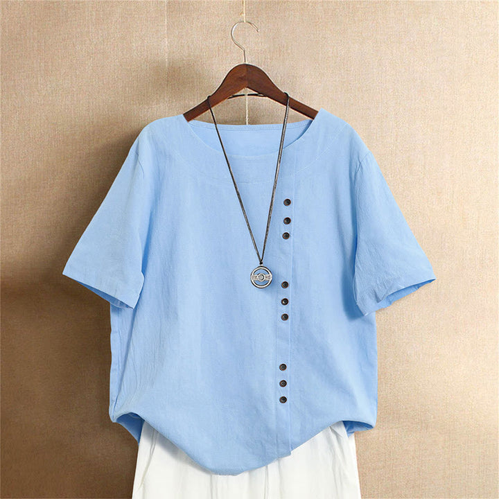 Buddha Stones カジュアル サマー ピュアカラー ジャカード ボタン クルーネック コットン レディース 半袖 Tシャツ - ライトスカイブルー - US18、 UK/AU22、 EU50 (5XL) - image 15