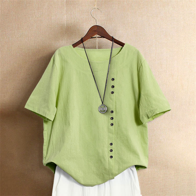 Buddha Stones カジュアル サマー ピュアカラー ジャカード ボタン クルーネック コットン レディース 半袖 Tシャツ - ライトグリーン - US18、 UK/AU22、 EU50 (5XL) - image 20