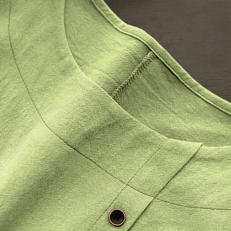 Buddha Stones カジュアル サマー ピュアカラー ジャカード ボタン クルーネック コットン レディース 半袖 Tシャツ - image 22