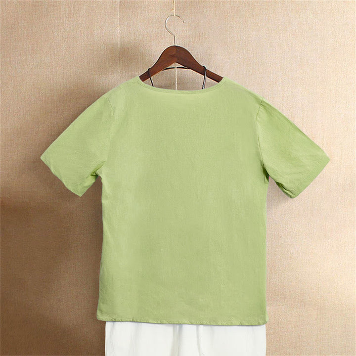 Buddha Stones カジュアル サマー ピュアカラー ジャカード ボタン クルーネック コットン レディース 半袖 Tシャツ - image 21