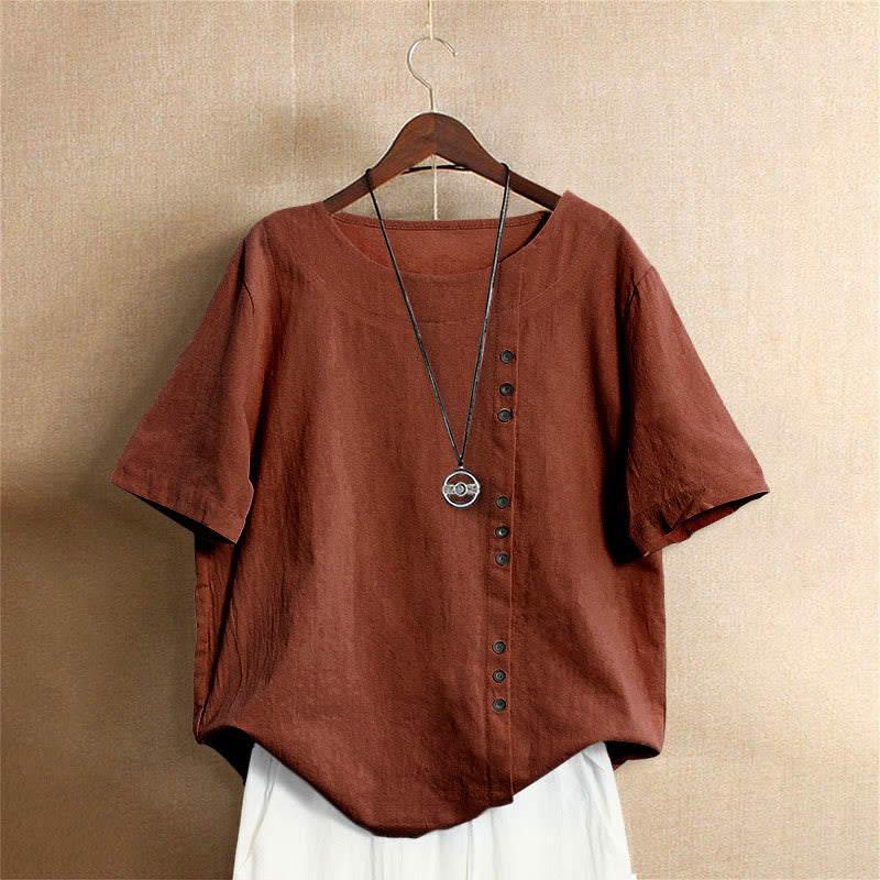 Buddha Stones カジュアル サマー ピュアカラー ジャカード ボタン クルーネック コットン レディース 半袖 Tシャツ - シエナ - US18、 UK/AU22、 EU50 (5XL) - image 25