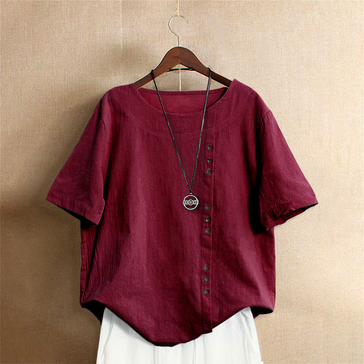 Buddha Stones カジュアル サマー ピュアカラー ジャカード ボタン クルーネック コットン レディース 半袖 Tシャツ - 耐火レンガ - US18、 UK/AU22、 EU50 (5XL) - image 30