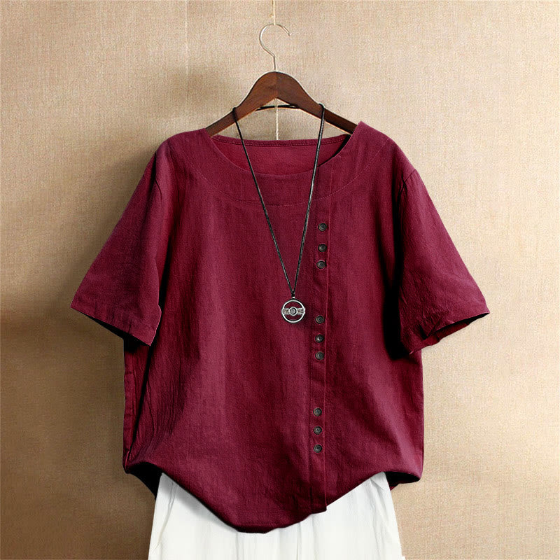 Buddha Stones カジュアル サマー ピュアカラー ジャカード ボタン クルーネック コットン レディース 半袖 Tシャツ - ファイアブリック - US18、 UK/AU22、 EU50 (5XL) - image 30